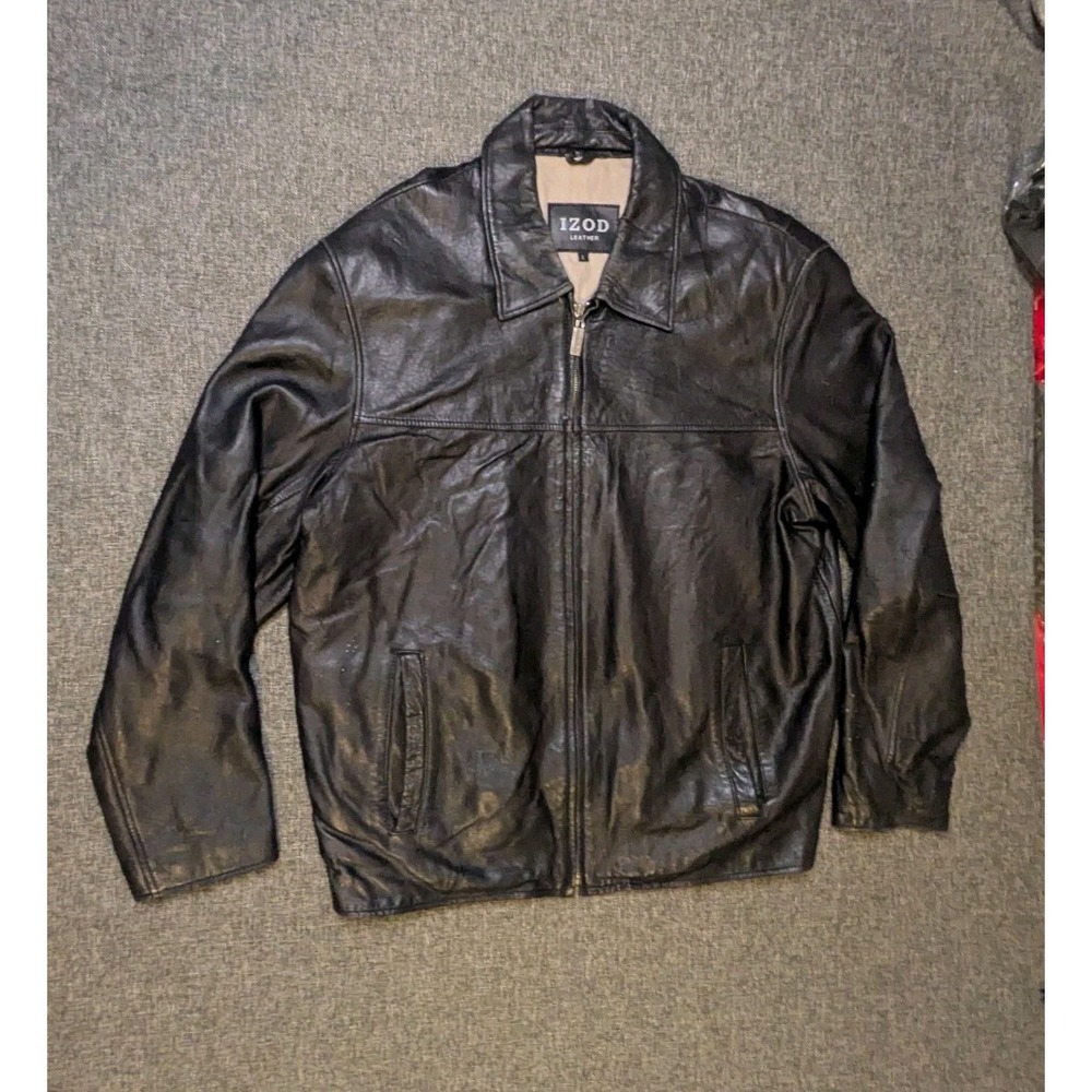 IZOD Black Leather Biker Style Jacket Mens Size Large Soft Leather Full Zip Coat